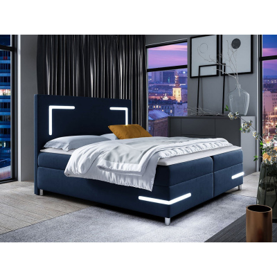 Boxspringová manželská postel 200x200 MADENA - modrá + topper a LED osvětlení ZDARMA