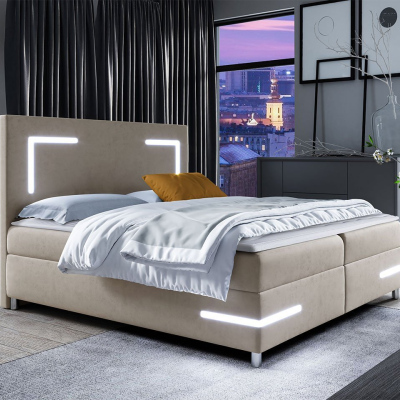 Boxspringová manželská postel 200x200 MADENA - béžová + topper a LED osvětlení ZDARMA