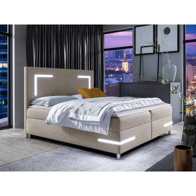 Boxspringová manželská postel 200x200 MADENA - béžová + topper a LED osvětlení ZDARMA