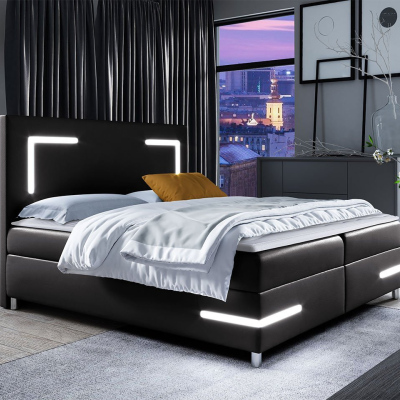 Boxspringová manželská postel 180x200 MADENA - černá ekokůže + topper a LED osvětlení ZDARMA