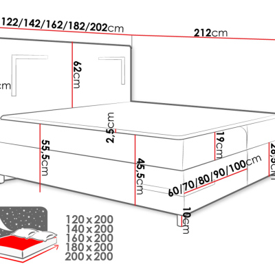 Boxspringová manželská postel 200x200 MADENA - černá ekokůže + topper a LED osvětlení ZDARMA