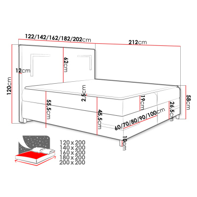 Boxspringová manželská postel 200x200 MADENA - béžová + topper a LED osvětlení ZDARMA