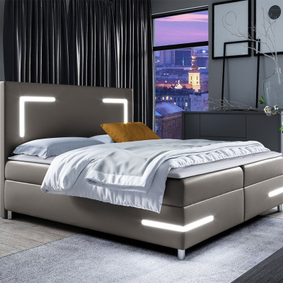 Boxspringová manželská postel 160x200 MADENA - šedá ekokůže + topper a LED osvětlení ZDARMA