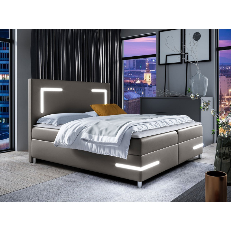 Boxspringová manželská postel 160x200 MADENA - šedá ekokůže + topper a LED osvětlení ZDARMA