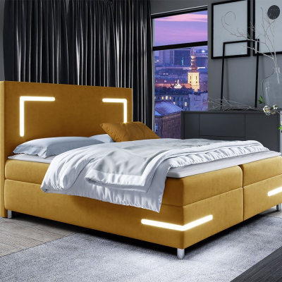 Boxspringová manželská postel 160x200 MADENA - žlutá + topper a LED osvětlení ZDARMA