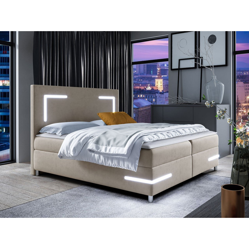 Boxspringová manželská postel 160x200 MADENA - béžová + topper a LED osvětlení ZDARMA