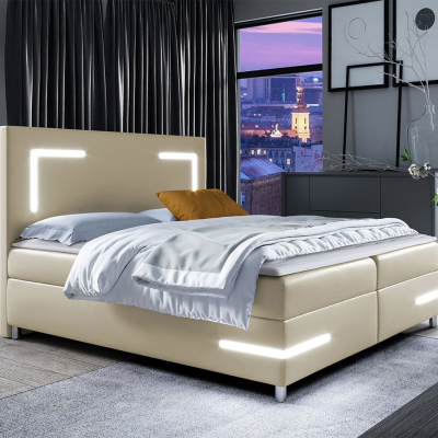 Boxspringová manželská postel 140x200 MADENA - béžová ekokůže + topper a LED osvětlení ZDARMA