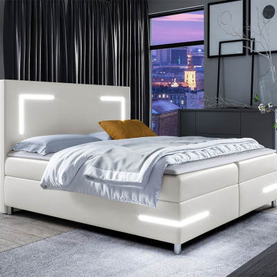 Boxspringová manželská postel 140x200 MADENA - bílá ekokůže + topper a LED osvětlení ZDARMA