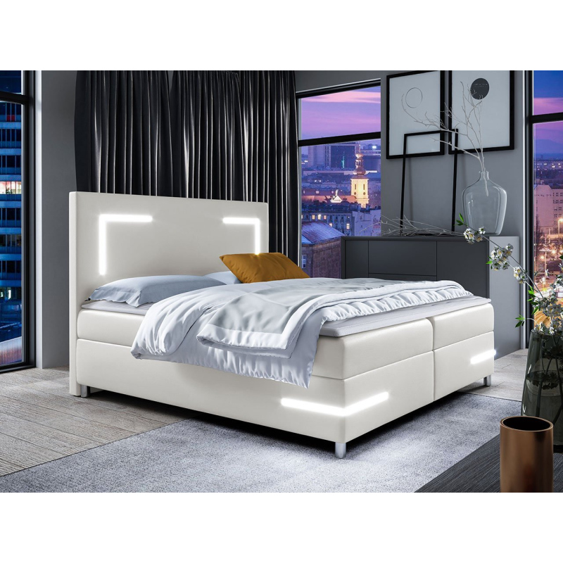 Boxspringová manželská postel 140x200 MADENA - bílá ekokůže + topper a LED osvětlení ZDARMA