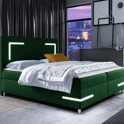 Boxspringová manželská postel 140x200 MADENA - zelená + topper a LED osvětlení ZDARMA