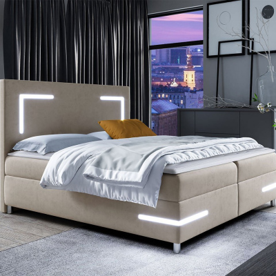 Boxspringová manželská postel 140x200 MADENA - béžová + topper a LED osvětlení ZDARMA