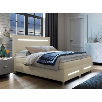 Boxspringová manželská postel 180x200 MARIELA - béžová ekokůže + topper a LED osvětlení ZDARMA