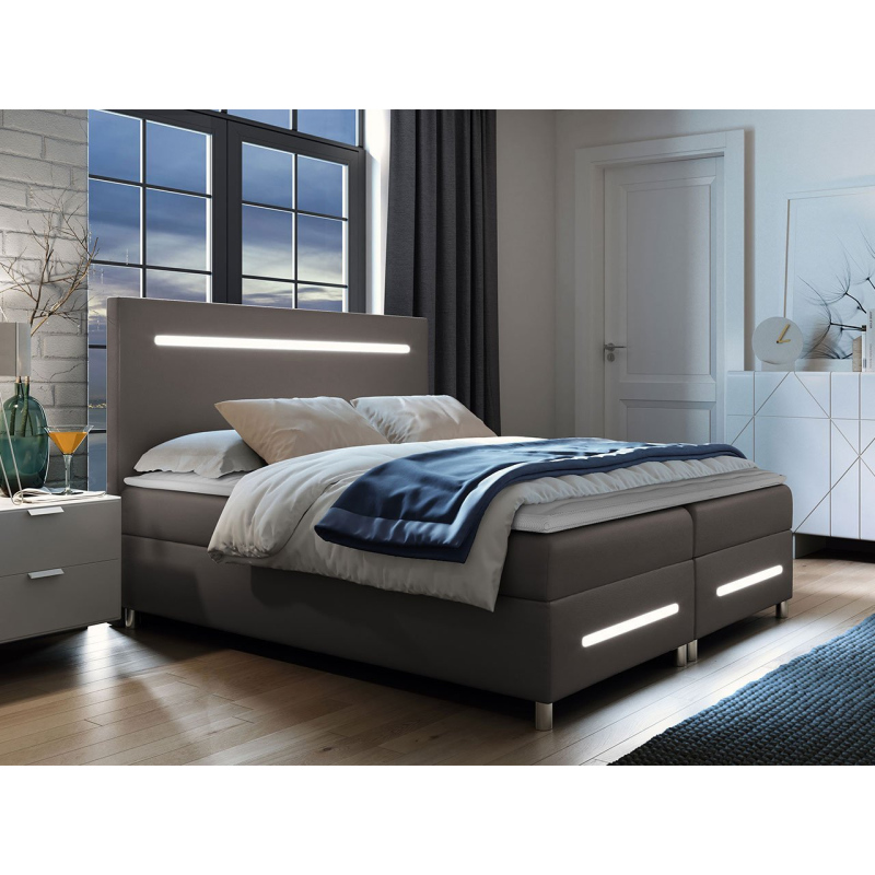 Boxspringová manželská postel 180x200 MARIELA - šedá ekokůže + topper a LED osvětlení ZDARMA
