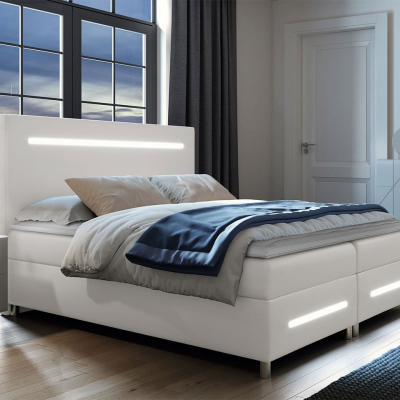 Boxspringová manželská postel 180x200 MARIELA - bílá ekokůže + topper a LED osvětlení ZDARMA