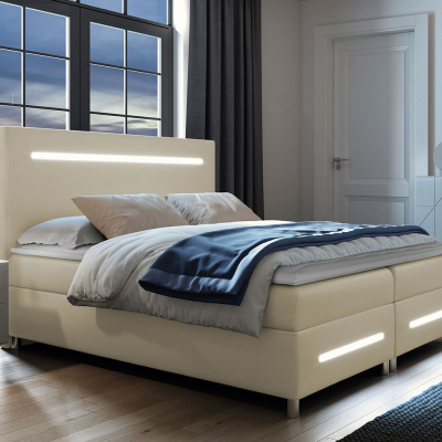 Boxspringová manželská postel 160x200 MARIELA - béžová ekokůže + topper a LED osvětlení ZDARMA
