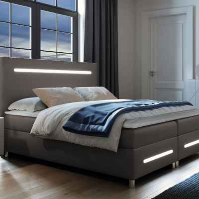 Boxspringová manželská postel 160x200 MARIELA - šedá ekokůže + topper a LED osvětlení ZDARMA