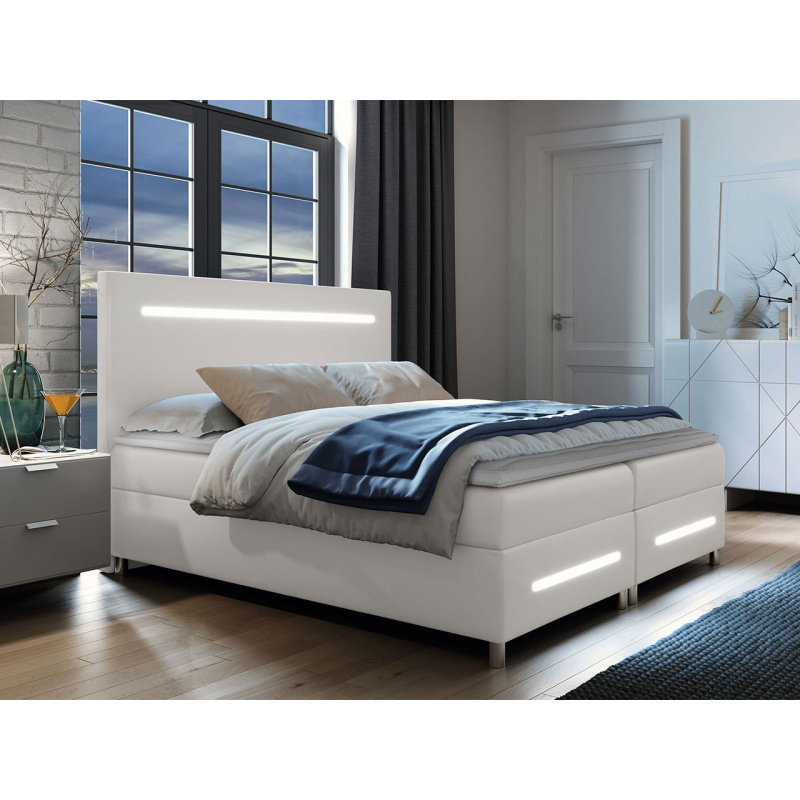 Boxspringová manželská postel 160x200 MARIELA - bílá ekokůže + topper a LED osvětlení ZDARMA