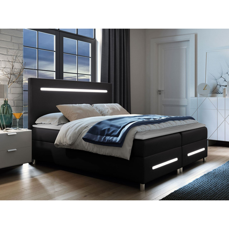 Boxspringová manželská postel 160x200 MARIELA - černá ekokůže + topper a LED osvětlení ZDARMA
