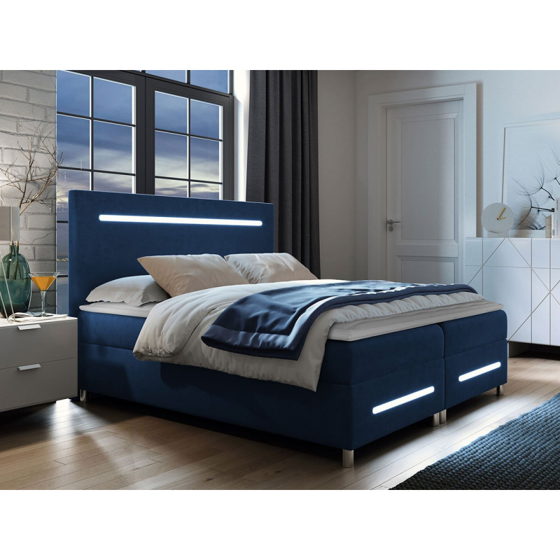 Boxspringová manželská postel 160x200 MARIELA - modrá + topper a LED osvětlení ZDARMA