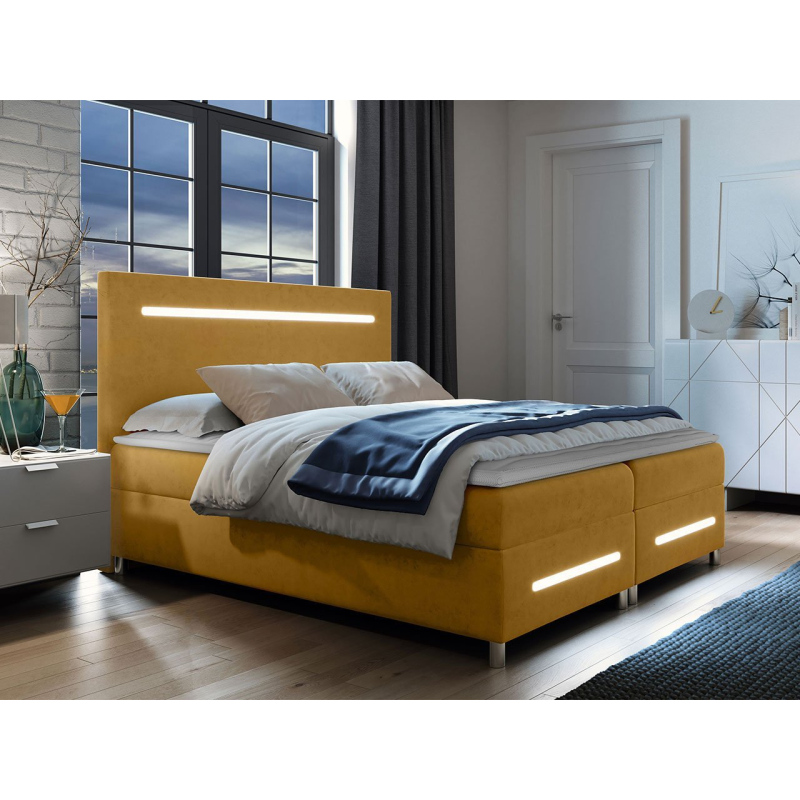 Boxspringová manželská postel 140x200 MARIELA - žlutá + topper a LED osvětlení ZDARMA