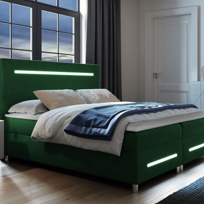 Boxspringová manželská postel 140x200 MARIELA - zelená + topper a LED osvětlení ZDARMA