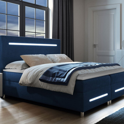 Boxspringová manželská postel 140x200 MARIELA - modrá + topper a LED osvětlení ZDARMA