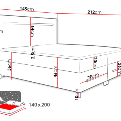 Boxspringová manželská postel 140x200 MARIELA - černá ekokůže + topper a LED osvětlení ZDARMA