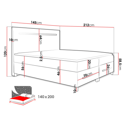 Boxspringová manželská postel 140x200 MARIELA - černá ekokůže + topper a LED osvětlení ZDARMA