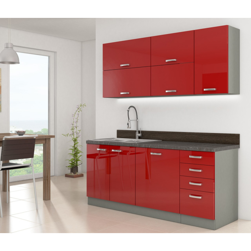 Kuchyně do paneláku 180/180 cm RUOLAN 3 - šedá / lesklá červená + LED, dřez a příborník ZDARMA