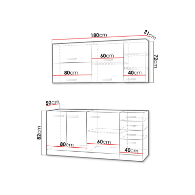 Kuchyně do paneláku 180/180 cm RUOLAN 3 - šedá / lesklá červená + LED, dřez a příborník ZDARMA
