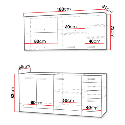 Kuchyně do paneláku 180/180 cm RUOLAN 3 - šedá / lesklá červená + dřez, příborník a pracovní deska ZDARMA