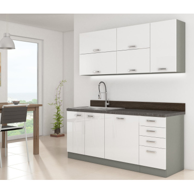 Paneláková kuchyň 180/180 cm GENJI 3 - lesklá bílá / šedá + LED, pracovní deska, dřez a příborník ZDARMA