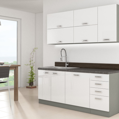 Paneláková kuchyň 180/180 cm GENJI 3 - lesklá bílá / šedá + LED a pracovní deska ZDARMA