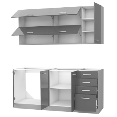 Paneláková kuchyň 180/180 cm GENJI 3 - lesklá bílá / šedá + LED, pracovní deska, dřez a příborník ZDARMA