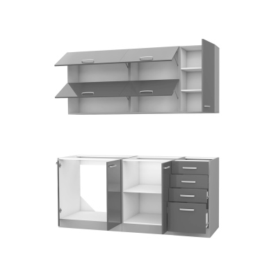 Paneláková kuchyň 180/180 cm GENJI 3 - lesklá bílá / šedá + LED a dřez ZDARMA