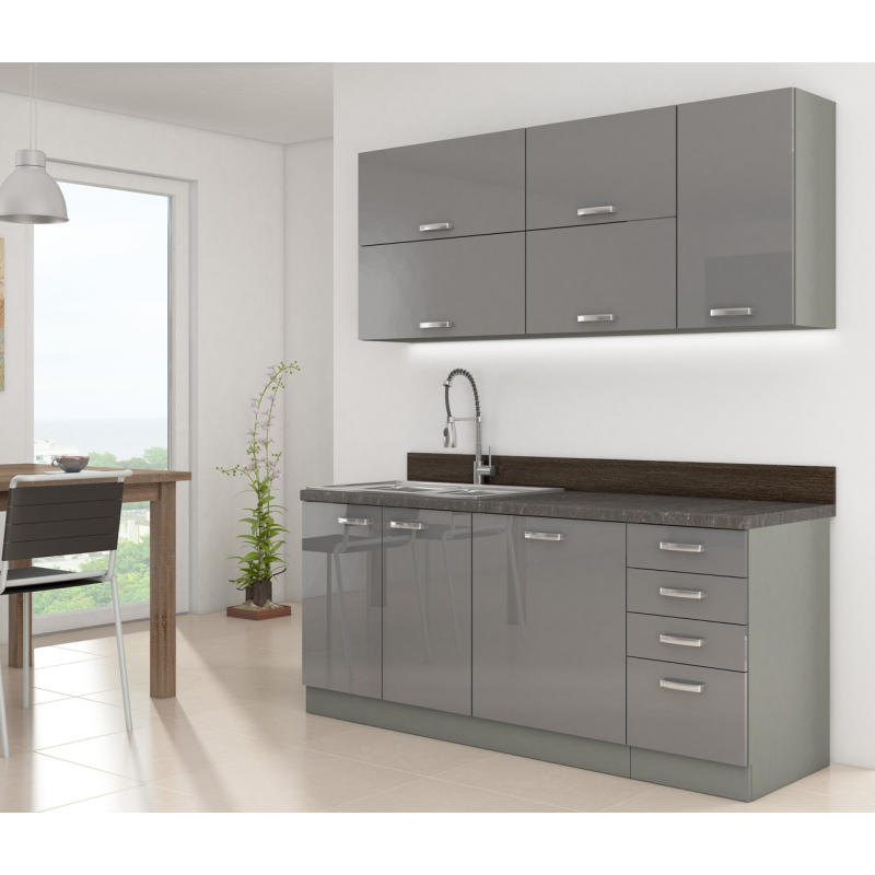 Kuchyně do paneláku 180/180 cm RONG 3 - šedá / lesklá šedá + pracovní deska, příborník a LED osvětlení ZDARMA