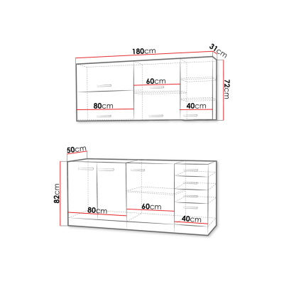 Kuchyně do paneláku 180/180 cm RONG 3 - šedá / lesklá šedá + LED a pracovní deska ZDARMA