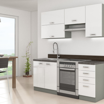 Paneláková kuchyň 180/180 cm GENJI 2 - lesklá bílá / šedá + LED, dřez a příborník ZDARMA