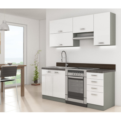 Paneláková kuchyň 180/180 cm GENJI 2 - lesklá bílá / šedá + LED a dřez ZDARMA