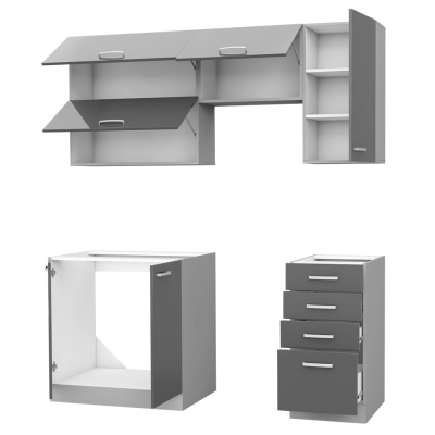 Paneláková kuchyň 180/180 cm GENJI 2 - lesklá bílá / šedá + LED, pracovní deska a dřez ZDARMA