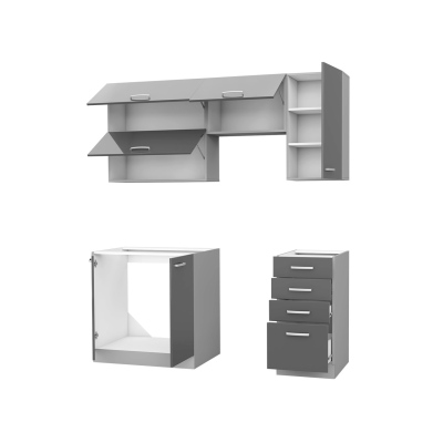 Paneláková kuchyň 180/180 cm GENJI 2 - lesklá bílá / šedá + LED, pracovní deska a dřez ZDARMA