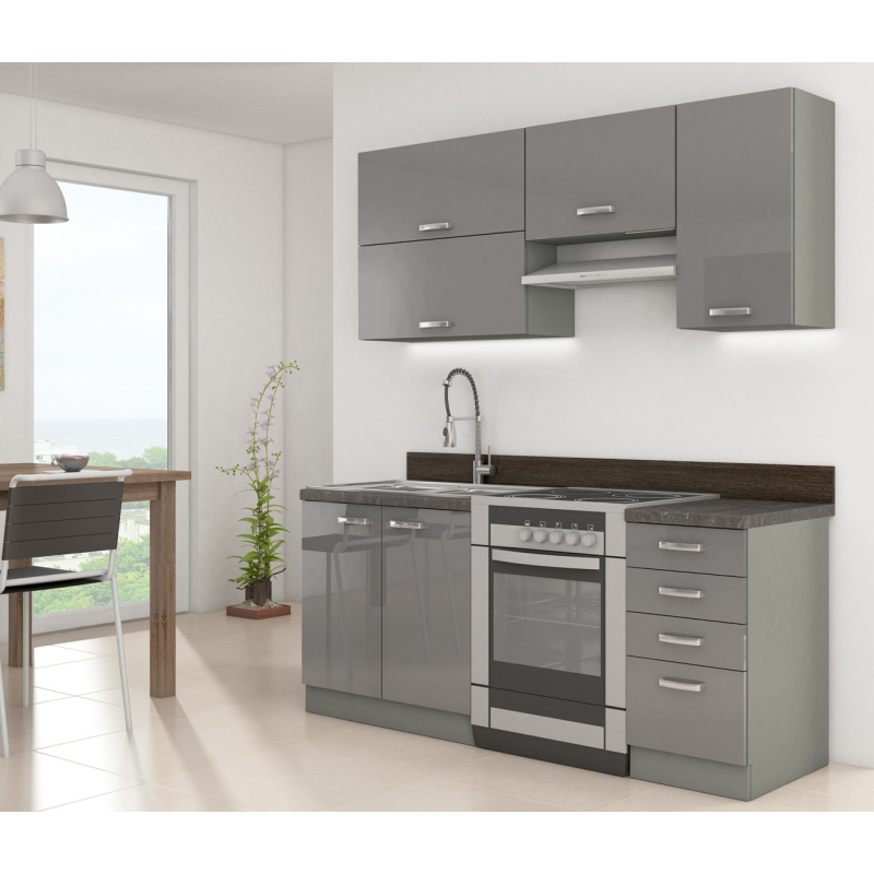 Kuchyně do paneláku 180/180 cm RONG 2 - šedá / lesklá šedá + LED a příborník ZDARMA