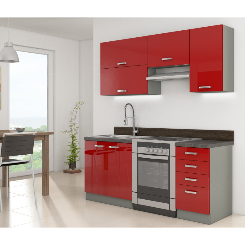 Kuchyně do paneláku 180/180 cm RUOLAN 2 - šedá / lesklá červená + příborník a pracovní deska ZDARMA
