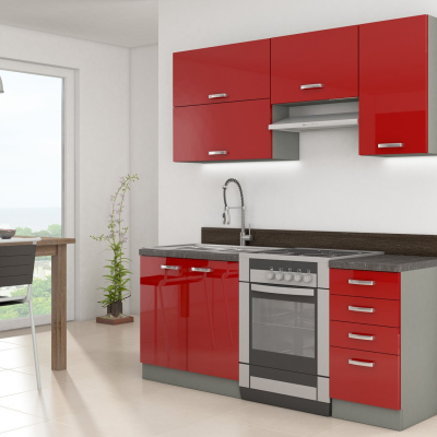 Kuchyně do paneláku 180/180 cm RUOLAN 2 - šedá / lesklá červená + pracovní deska ZDARMA