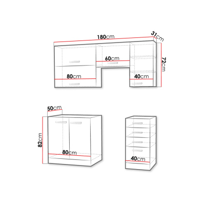 Kuchyně do paneláku 180/180 cm RUOLAN 2 - šedá / lesklá červená + příborník a pracovní deska ZDARMA