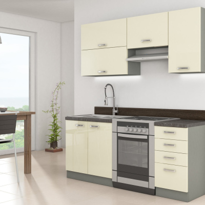 Kuchyně do paneláku 180/180 cm SHAN 2 - šedá / lesklá krémová + LED, dřez, příborník a pracovní deska ZDARMA