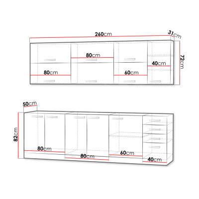 Kuchyňská linka 260/260 cm SHAN 4 - šedá / lesklá krémová + LED, dřez, příborník a pracovní deska ZDARMA