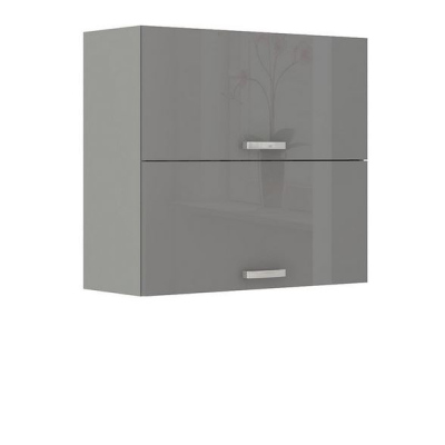 Kuchyňská linka 260/260 cm SHAN 4 - šedá / lesklá krémová + LED, příborník a pracovní deska ZDARMA