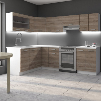 Rohová kuchyně 418/418 cm LIAN 2 - dub lanýž / bílá + LED osvětlení ZDARMA