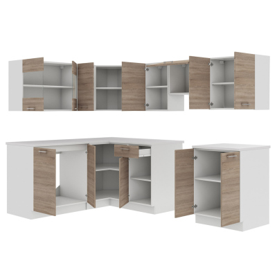 Rohová kuchyně 418/418 cm LIAN 2 - dub lanýž / bílá + LED osvětlení ZDARMA